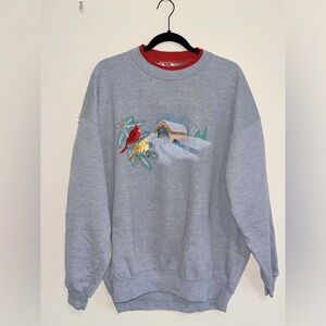 vintage crew-neck Christmas sweatshirt w/ embroidered birds
